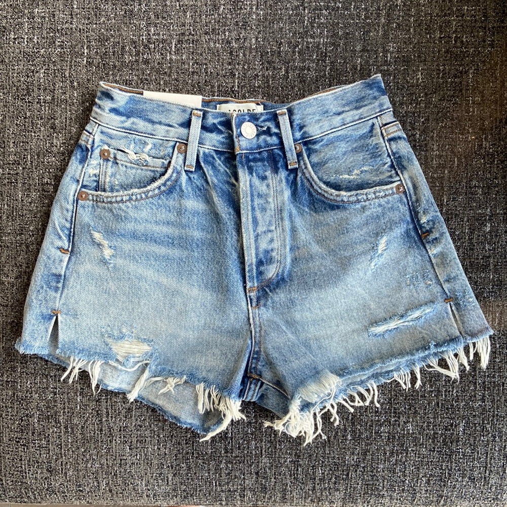 Agolde Light Blue Distressed High-Rise Jean Shorts